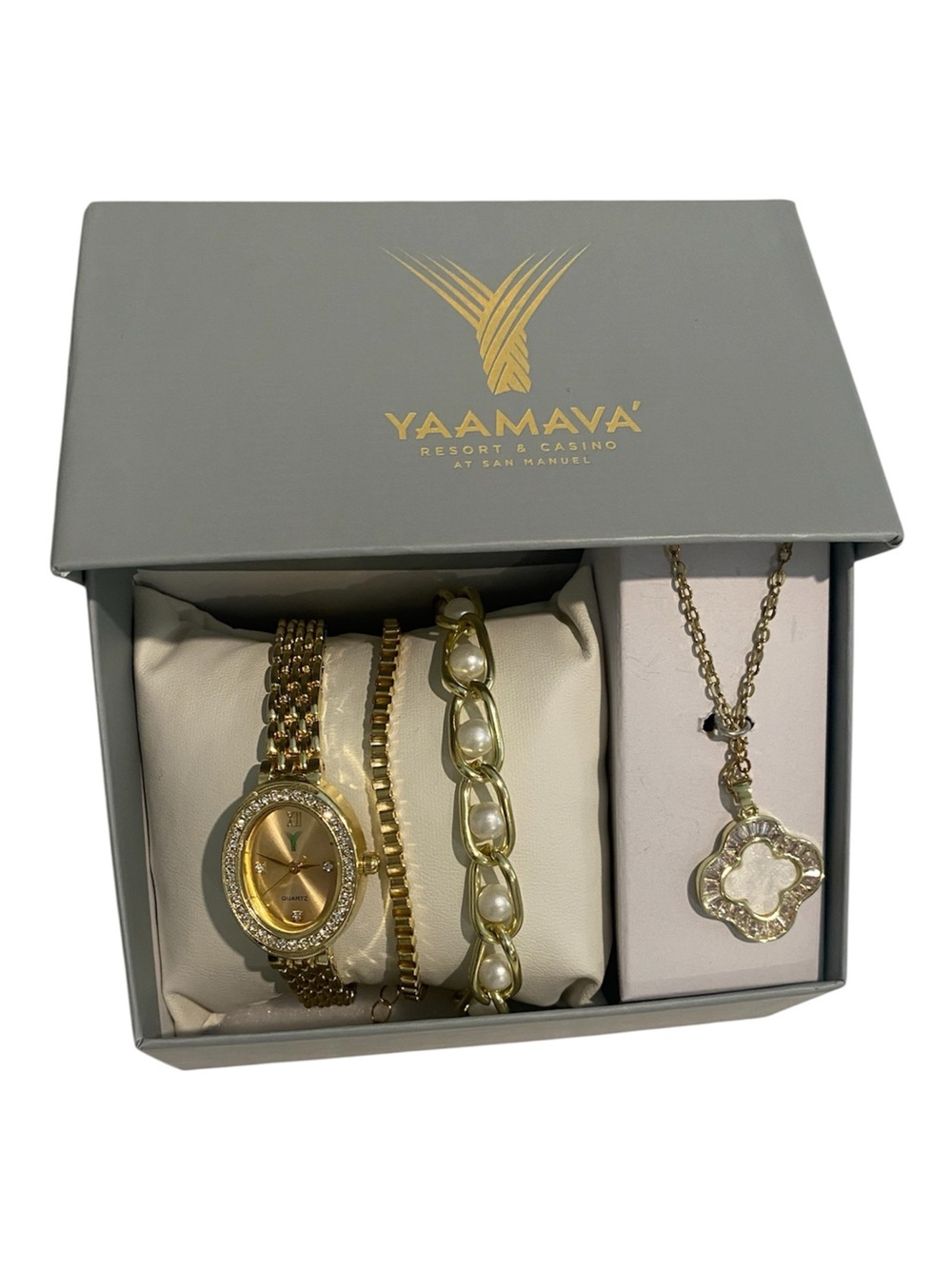 Yaamava' Gold Tone Imitation Crystal & Pearl Necklace Bracelet Watch Set